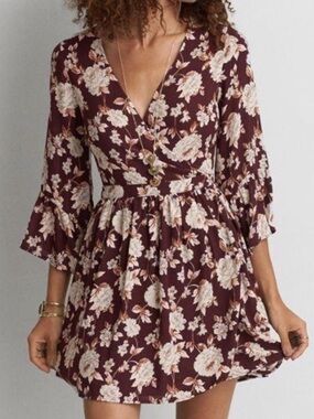 American Eagle Outfitters Burgundy Floral Wrap Dress